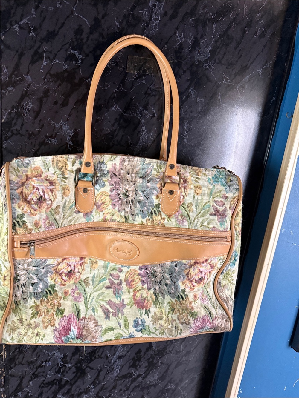 Floral Tapestry Tote with Tan Leather Trim by Hampton